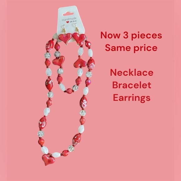 HAND MADE HANDCRAFTED RED & WHITE GLASS BEAD NECKLACE & EARRINGS GREAT GIFT - Picture 3 of 3